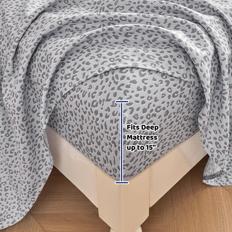 Mooreeke Leopard Cheetah Printed Full Bed Sheets, Soft Microfiber Bedding Sheets & Pillowcases, Deep Pocket Non-Slip Fitted Full Sheet, Silver Grey Animal Pattern Bedsheets - Image 5