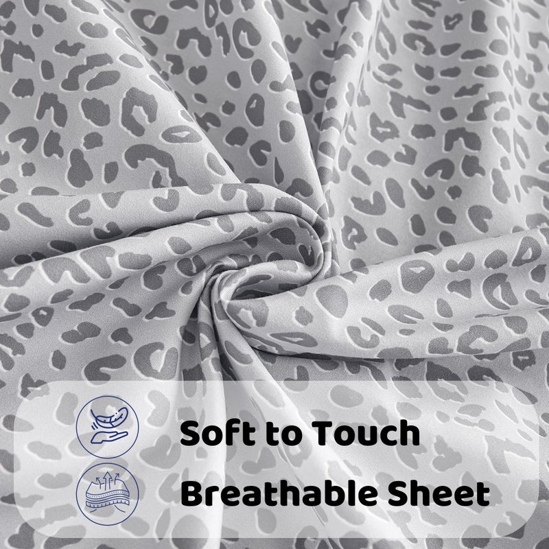 Mooreeke Leopard Cheetah Printed Full Bed Sheets, Soft Microfiber Bedding Sheets & Pillowcases, Deep Pocket Non-Slip Fitted Full Sheet, Silver Grey Animal Pattern Bedsheets - Image 3