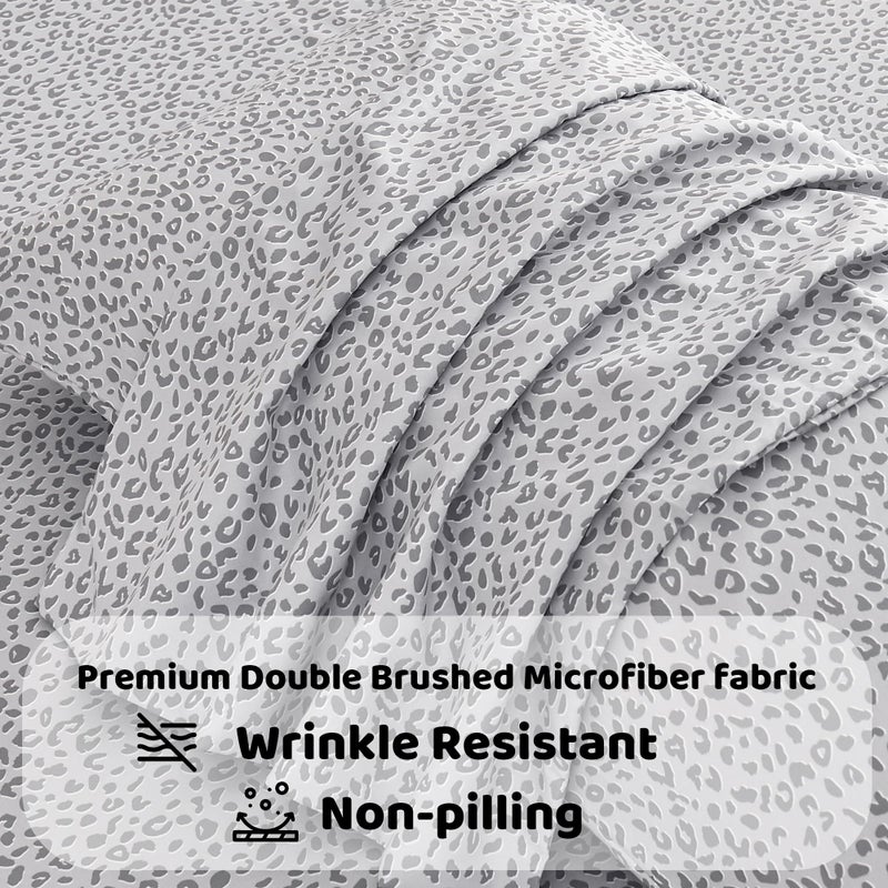 Mooreeke Leopard Cheetah Printed Full Bed Sheets, Soft Microfiber Bedding Sheets & Pillowcases, Deep Pocket Non-Slip Fitted Full Sheet, Silver Grey Animal Pattern Bedsheets - Image 4
