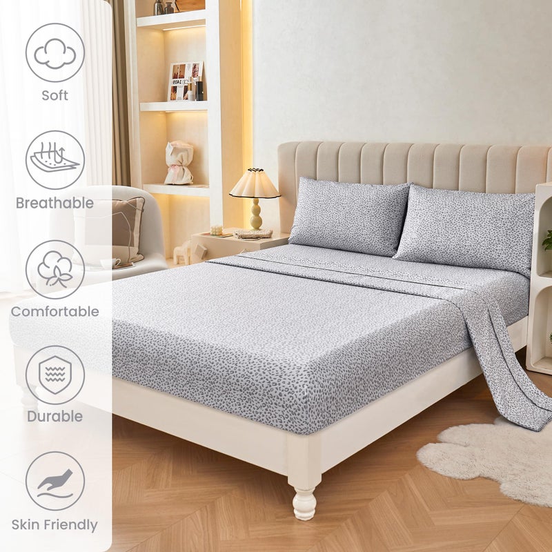 Mooreeke Leopard Cheetah Printed Full Bed Sheets, Soft Microfiber Bedding Sheets & Pillowcases, Deep Pocket Non-Slip Fitted Full Sheet, Silver Grey Animal Pattern Bedsheets - Image 2