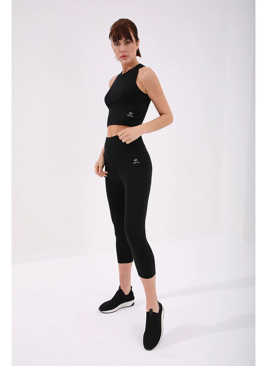 Tommy Life Black Women's High Waist Slim Fit Skinny Leg Capri TIGHTS-93097
