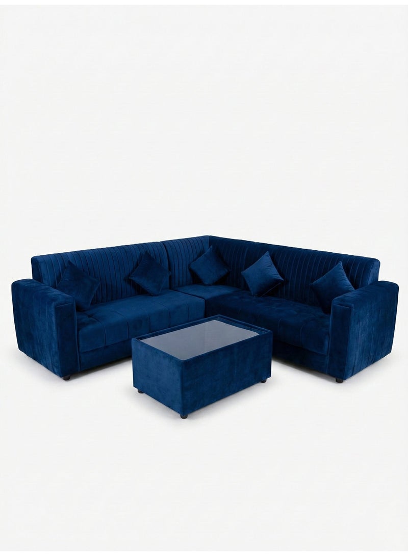 أريكة زاوية زرقاء على شكل حرف L من ليون للأثاث، تتسع لخمسة أشخاص (250 × 250 سم)، مع طاولة قهوة مستطيلة وخمس وسائد - تصميم عصري بقنوات عمودية - Image 1