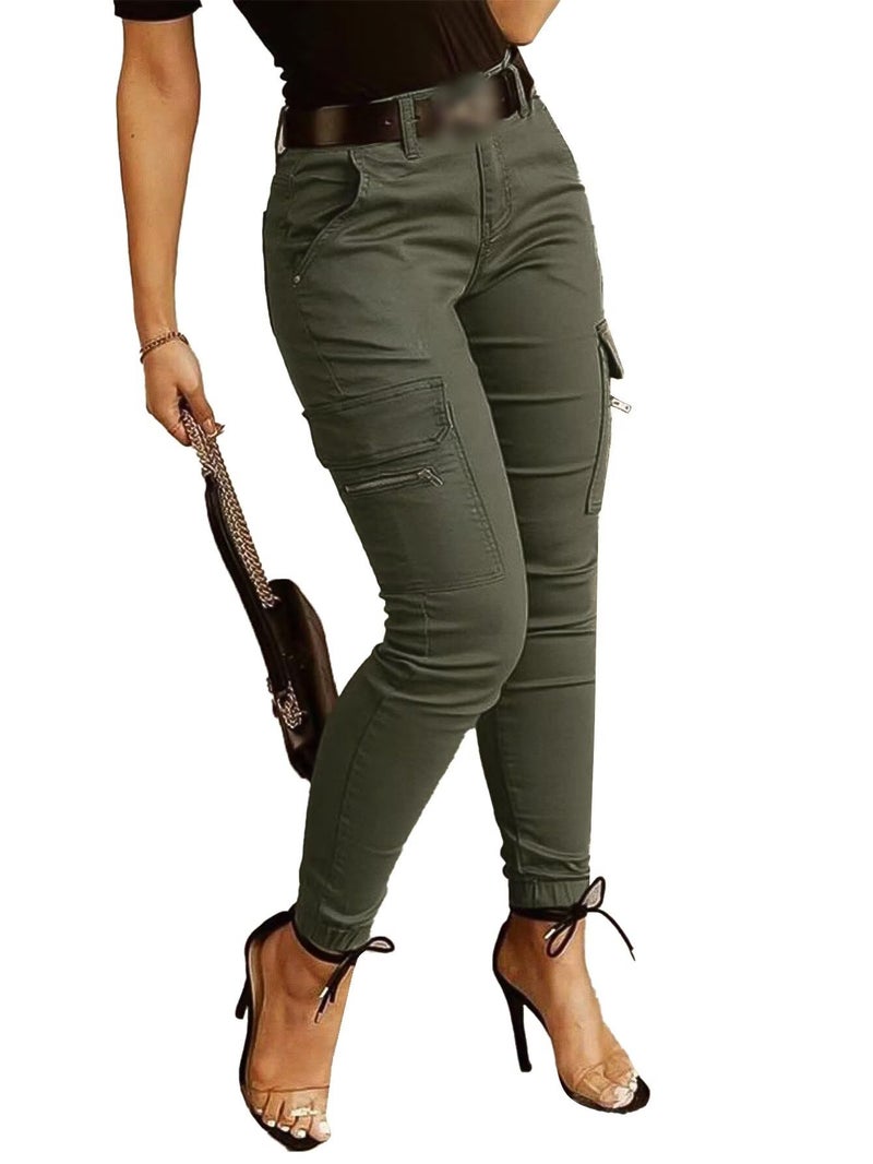 Flamingals Skinny Cargo Pants for Women Mid Waist Casual Slim Fit Multi-Pocket Cargo Jogger Hiking Pants with 6 Pockets Green M - Image 1