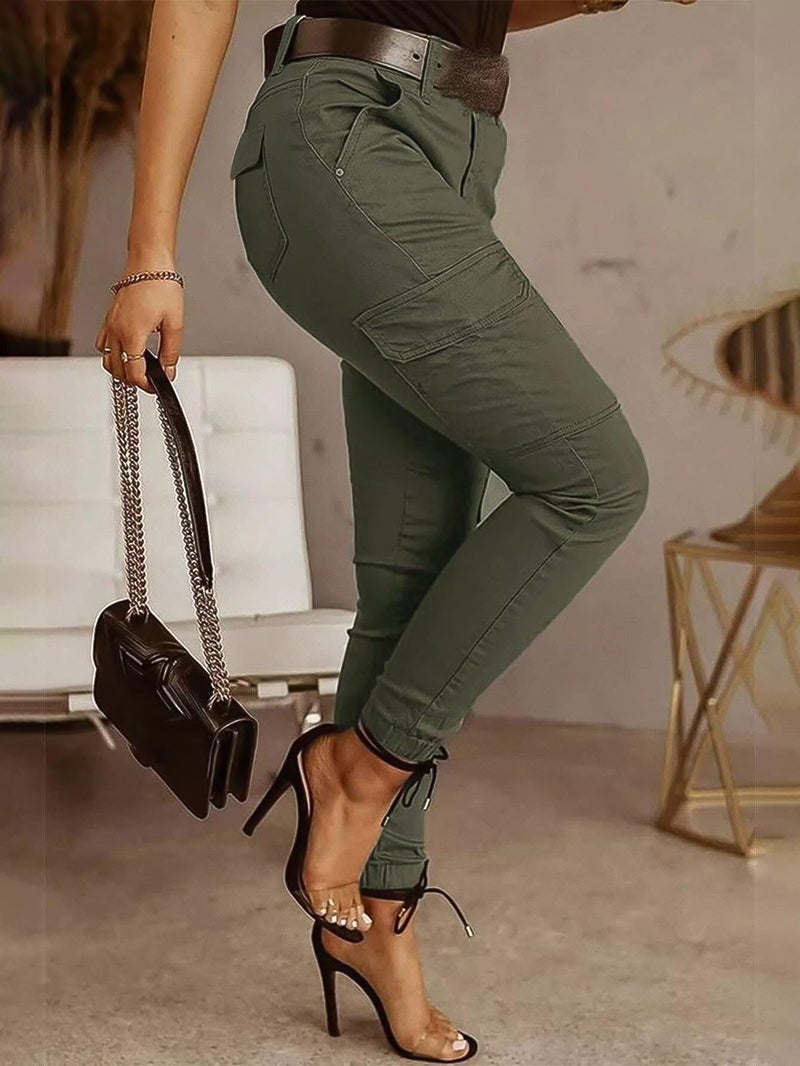 Flamingals Skinny Cargo Pants for Women Mid Waist Casual Slim Fit Multi-Pocket Cargo Jogger Hiking Pants with 6 Pockets Green M - Image 2