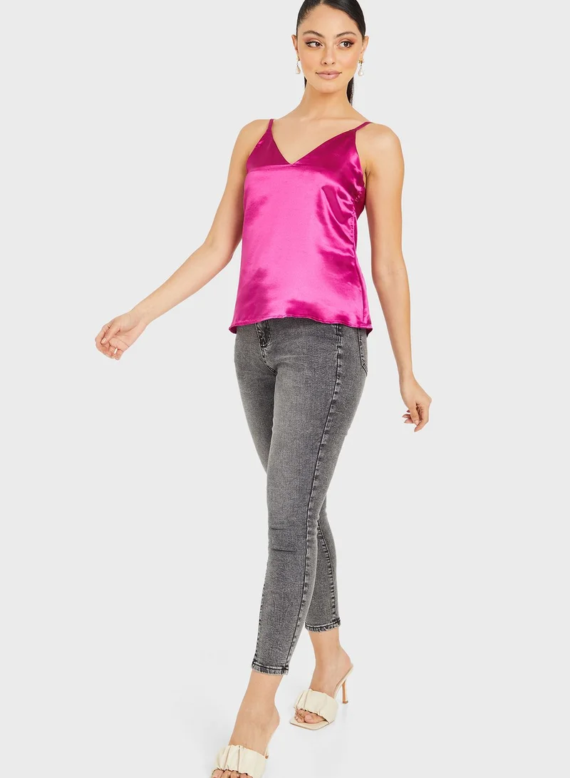 Styli Strappy Satin Plunge Neck Regular Fit Cami Top