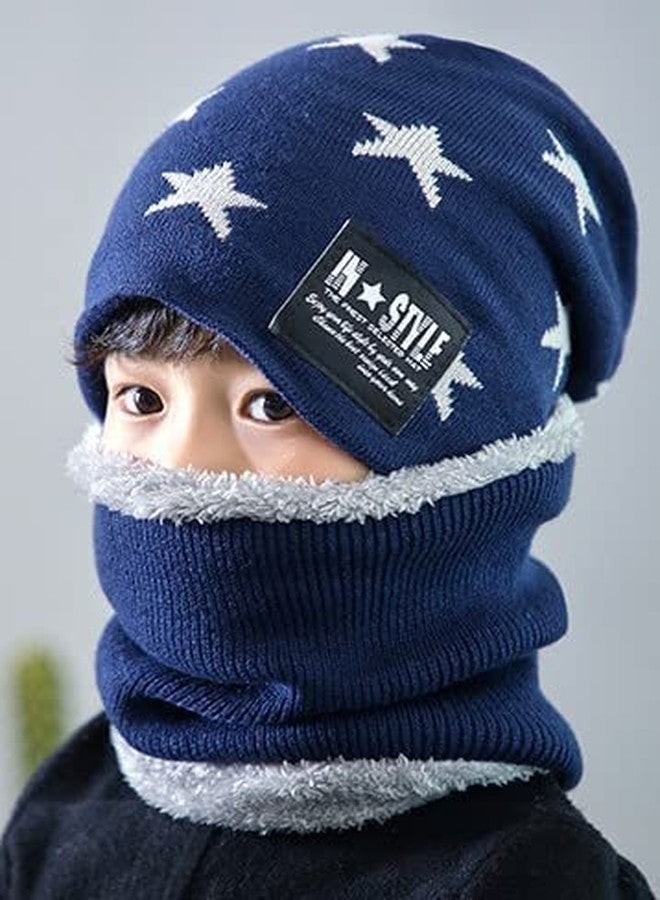 Finix Kids Boys & Girls Winter Latest Stylish Woolen Warm and Snow Proof Soft Beanie Cap Neckwarmer (Navy Blue) - Image 4
