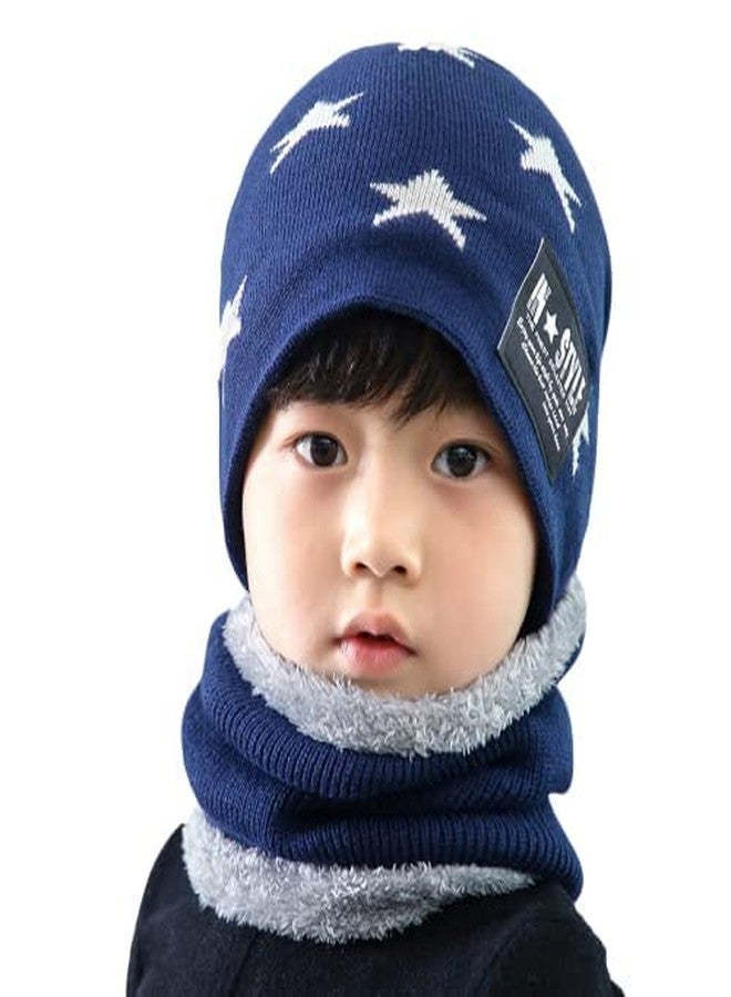 Finix Kids Boys & Girls Winter Latest Stylish Woolen Warm and Snow Proof Soft Beanie Cap Neckwarmer (Navy Blue) - Image 1