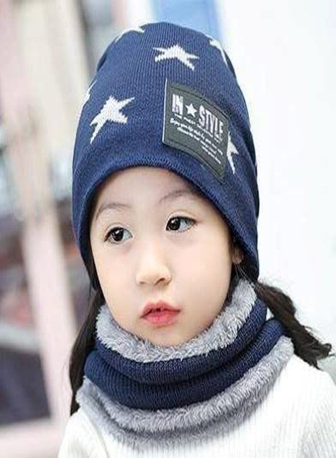 Finix Kids Boys & Girls Winter Latest Stylish Woolen Warm and Snow Proof Soft Beanie Cap Neckwarmer (Navy Blue) - Image 2