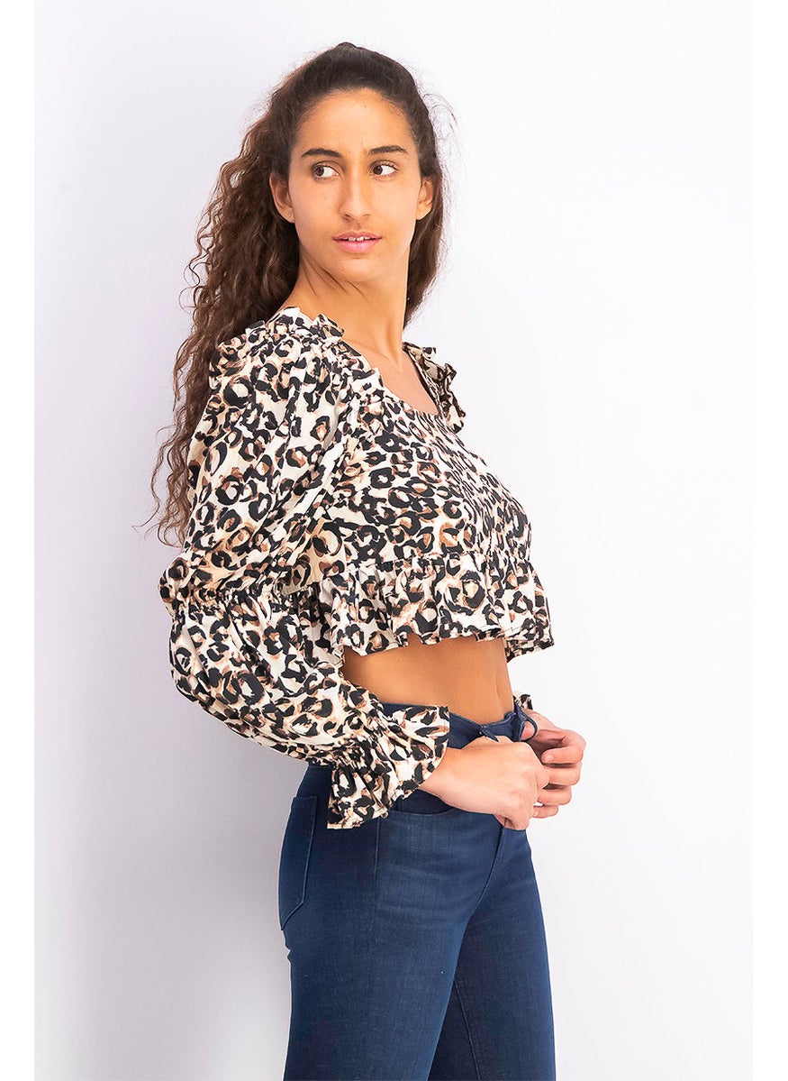 TOPSHOP - Women Round Neck Long Sleeve Ruffle Top, Brown - Image 1