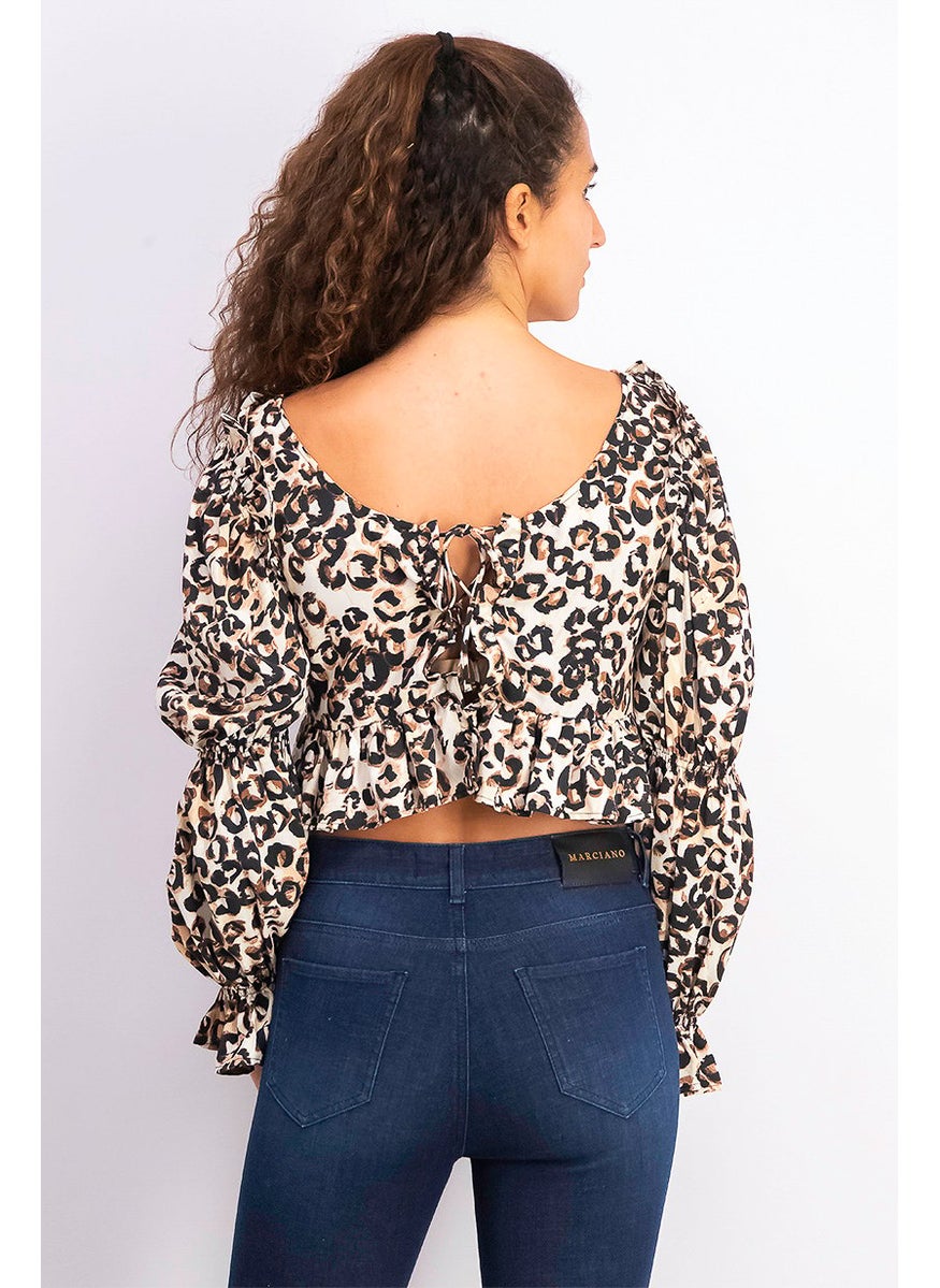 TOPSHOP - Women Round Neck Long Sleeve Ruffle Top, Brown - Image 1