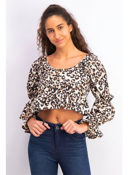 Women Round Neck Long Sleeve Ruffle Top, Brown