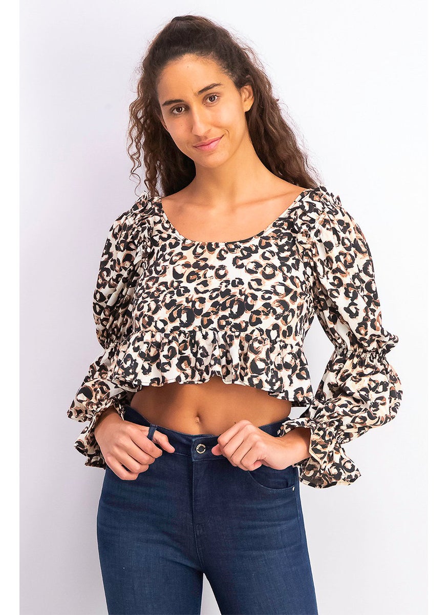 TOPSHOP - Women Round Neck Long Sleeve Ruffle Top, Brown - Image 1