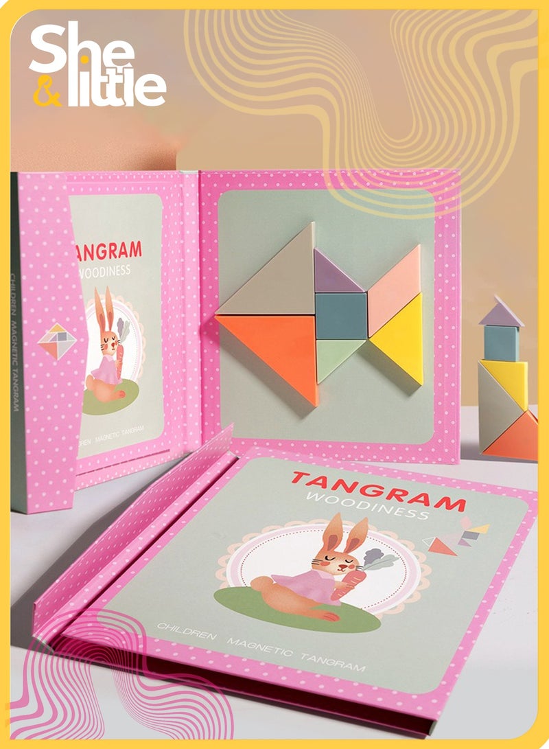 شي آند ليتل كتاب ألغاز تانغرام خشبي مغناطيسي، لعبة سفر منطقية محمولة من مونتيسوري، نشاط تعليمي للعقل للأطفال من سن 3 إلى 8 سنوات، طائرة سيارة خارجية (وردي) - Image 2