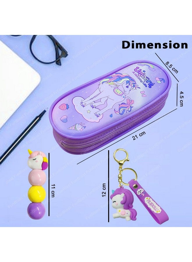 فنبلاست حقائب قماشية على شكل يونيكورن من فن بلاست، سلسلة مفاتيح على شكل يونيكورن، أقلام تحديد على شكل يونيكورن للبنات، مجموعة أدوات مكتبية كاواي للبنات، أدوات مكتبية أنيقة لطلاب المدارس والجامعات (لون بنفسجي عشوائي) - Image 2