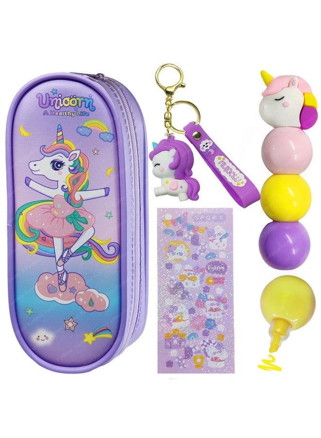 فنبلاست حقائب قماشية على شكل يونيكورن من فن بلاست، سلسلة مفاتيح على شكل يونيكورن، أقلام تحديد على شكل يونيكورن للبنات، مجموعة أدوات مكتبية كاواي للبنات، أدوات مكتبية أنيقة لطلاب المدارس والجامعات (لون بنفسجي عشوائي) - Image 1
