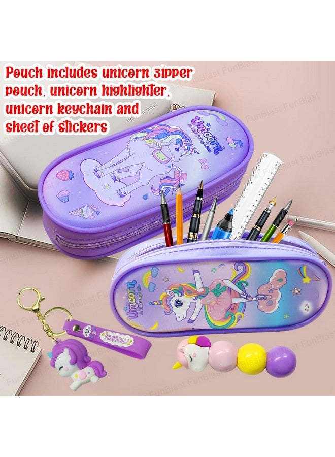 فنبلاست حقائب قماشية على شكل يونيكورن من فن بلاست، سلسلة مفاتيح على شكل يونيكورن، أقلام تحديد على شكل يونيكورن للبنات، مجموعة أدوات مكتبية كاواي للبنات، أدوات مكتبية أنيقة لطلاب المدارس والجامعات (لون بنفسجي عشوائي) - Image 3