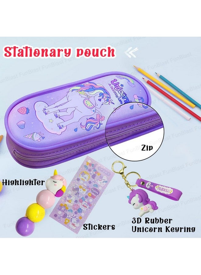 فنبلاست حقائب قماشية على شكل يونيكورن من فن بلاست، سلسلة مفاتيح على شكل يونيكورن، أقلام تحديد على شكل يونيكورن للبنات، مجموعة أدوات مكتبية كاواي للبنات، أدوات مكتبية أنيقة لطلاب المدارس والجامعات (لون بنفسجي عشوائي) - Image 5