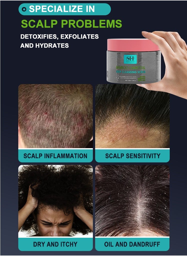 Sevich - 150ml 2 in 1 Bamboo Charcoal Deep Cleansing Scrub and Shampoo Hair Scalp Deep Cleaning Scrub and Shampoo with Bamboo Charcoal Salicylic Acid Deep Cleans Dirt and Controls Oils Scalp Inflammation Scrub - Image 1