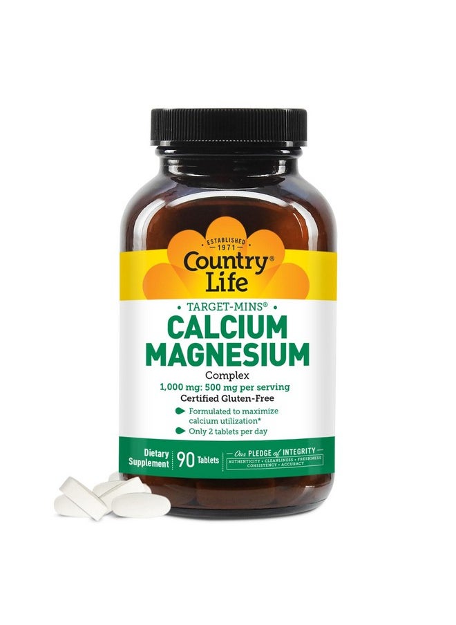 كانتري لايف Country Life Target-Mins Calcium Magnesium Complex 1000mg/500mg, 90 Tablets, معتمد خالٍ من الغلوتين، معتمد نباتي، معتمد خالٍ من الكائنات المعدلة وراثيًا  - Image 1