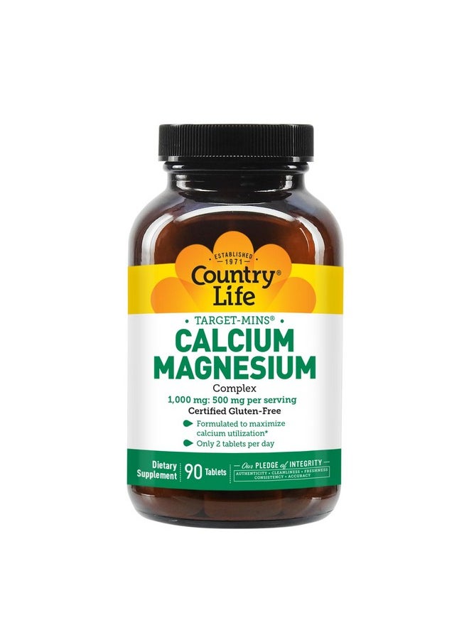 كانتري لايف Country Life Target-Mins Calcium Magnesium Complex 1000mg/500mg, 90 Tablets, معتمد خالٍ من الغلوتين، معتمد نباتي، معتمد خالٍ من الكائنات المعدلة وراثيًا  - Image 3