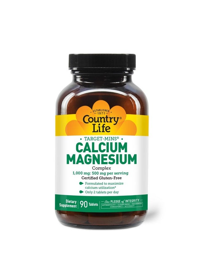 كانتري لايف Country Life Target-Mins Calcium Magnesium Complex 1000mg/500mg, 90 Tablets, معتمد خالٍ من الغلوتين، معتمد نباتي، معتمد خالٍ من الكائنات المعدلة وراثيًا  - Image 2