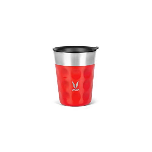 VAYA POPCUP Coffee Mug with Lid 250ml, Double-Walled Insulated Stainless Steel Tumbler, Water and Teacup, Keeps Beverages Hot & Cold for 5 Hrs, Scarlet Sun - Image 1