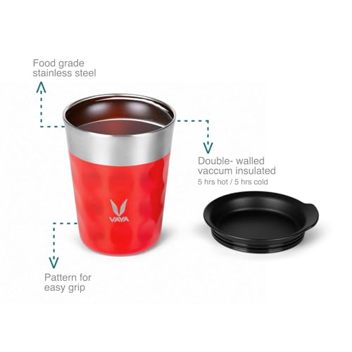 VAYA POPCUP Coffee Mug with Lid 250ml, Double-Walled Insulated Stainless Steel Tumbler, Water and Teacup, Keeps Beverages Hot & Cold for 5 Hrs, Scarlet Sun - Image 3