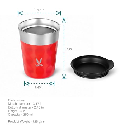 VAYA POPCUP Coffee Mug with Lid 250ml, Double-Walled Insulated Stainless Steel Tumbler, Water and Teacup, Keeps Beverages Hot & Cold for 5 Hrs, Scarlet Sun - Image 2