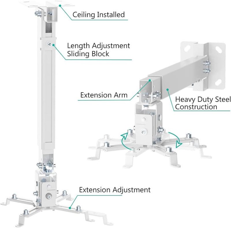 XTECTORVIEW Adjustable Projector Ceiling Mount Stand | 52 to 60 Inch (5 Feet) Extendable Bracket | Universal Tilt, Swivel & Rotate Wall/Ceiling Projector Mount | Heavy-Duty Frame - Image 5