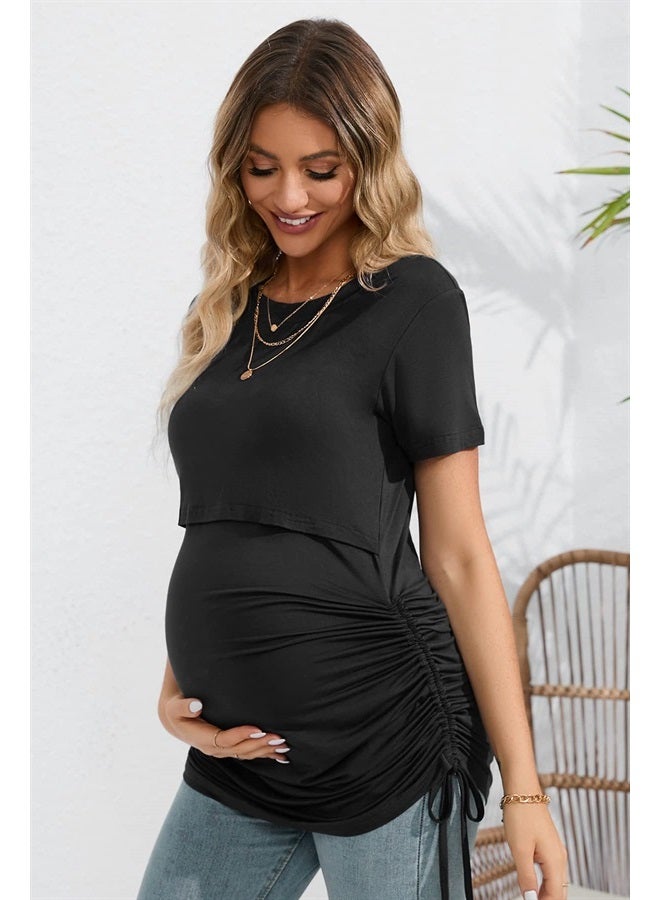 Sosolism 4 in 1 Women's Maternity Nursing T-Shirt Dress for Breastfeeding Solid Short Sleeve Top Black - Image 1