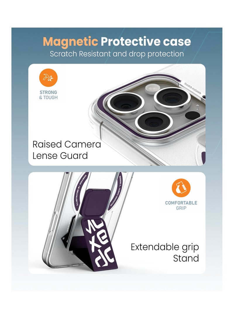 Moxedo Magnetic Protective Case Scratch Resistant Drop Protection with Built-in Extendable Grip Stand Compatible for iPhone 16 Pro 6.3 inch - Purple - Image 3