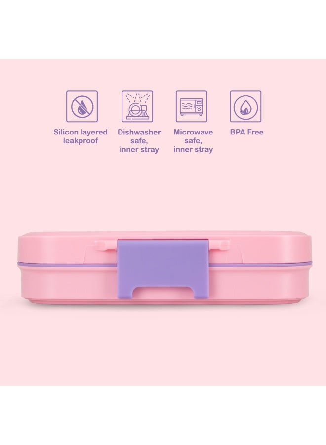Eazy Kids صندوق طعام شخصي فاخر للأطفال من الفولاذ المقاوم للصدأ 710 مل - صندوق طعام بثلاثة أقسام مانع للتسرب للأطفال، وردي - Image 5