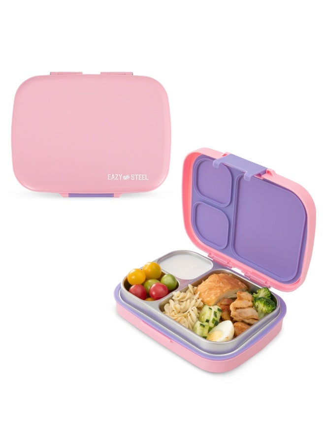 Eazy Kids صندوق طعام شخصي فاخر للأطفال من الفولاذ المقاوم للصدأ 710 مل - صندوق طعام بثلاثة أقسام مانع للتسرب للأطفال، وردي - Image 2