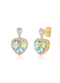 EVEVIC Heart Earrings For Women Austrian Crystal Halo Heart Earrings Drop Stud Earrings 14K Gold Plated Hypoallergenic Anniversary Valentines Day Jewelry Gift For Her (Aurora Borealis)  - Image 1