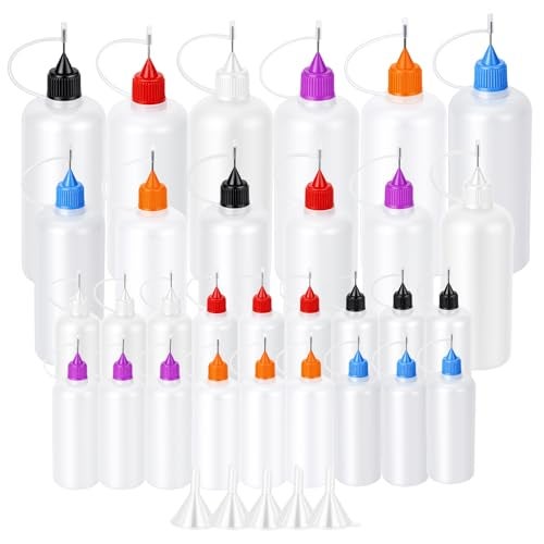 Goodma 30 Pcs Mixed Sized Precision Tip Applicator Bottles with Multicoloured Tips, Comes with 5 Pcs Mini Funnel for DIY Quilling Craft, Acrylic Painting, Small Gluing Projects, Oiler Bottle - Image 1