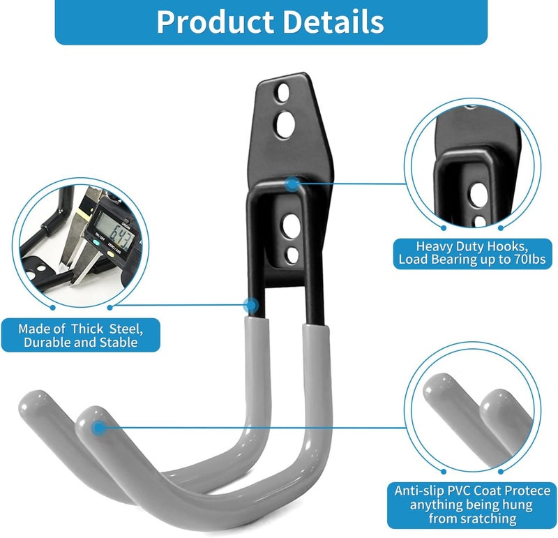 GeeWatom Garage Storage Utility Hooks，Garage Garden Tool Organizer，Steel Wall Mount Hooks, Large Garden U Hooks （2 Pack） (Type-2-Gray) - Image 3