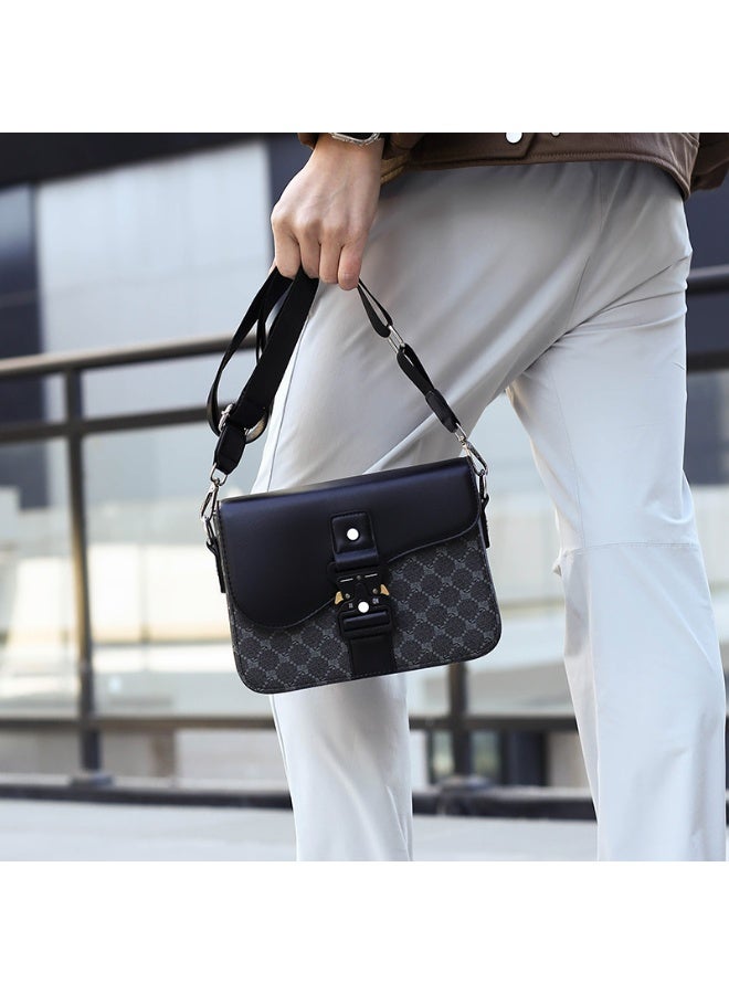 Men's Crossbody Bag, Faux Leather & Monogram Fabric Saddle Shoulder Bag with Quick-Release  Buckle - Image 2