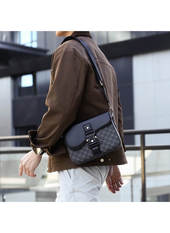 Men's Crossbody Bag, Faux Leather & Monogram Fabric Saddle Shoulder Bag with Quick-Release  Buckle - Image 3