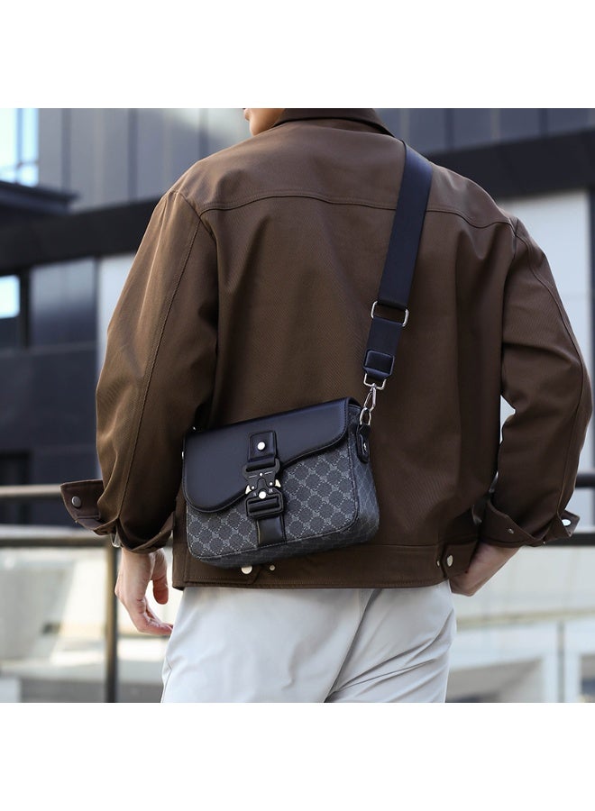 Men's Crossbody Bag, Faux Leather & Monogram Fabric Saddle Shoulder Bag with Quick-Release  Buckle - Image 1