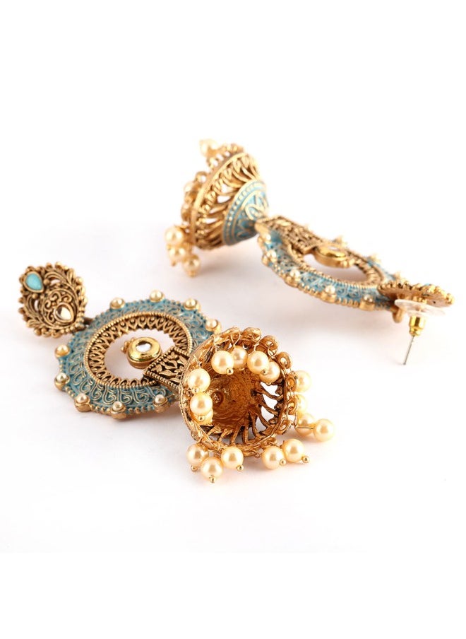ISHIN Gold-Toned & Blue Jhumkas Earrings  - Image 3