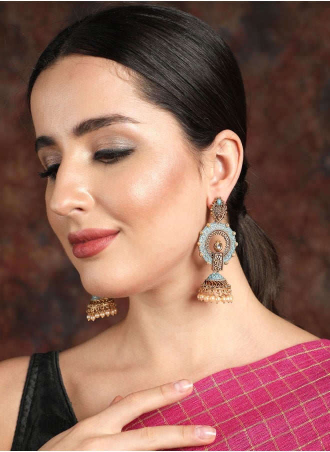 ISHIN Gold-Toned & Blue Jhumkas Earrings  - Image 1