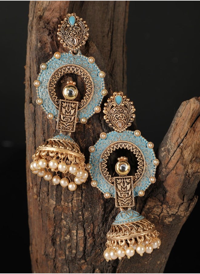 ISHIN Gold-Toned & Blue Jhumkas Earrings  - Image 4