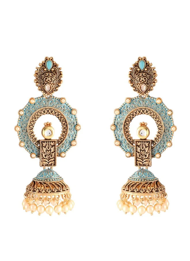 آي شين Gold-Toned & Blue Jhumkas Earrings