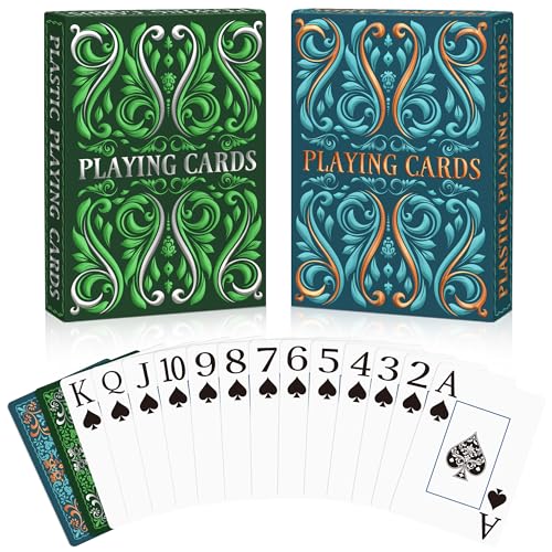 Wkchxd Playing Cards Plastic Playing Cards Waterproof Deck of Cards 2 Pack Large Print Playing Card for Seniors Adults Premium Poker Cards Set for Beach Pool Party Trip Camping Games Blue Green - Image 1