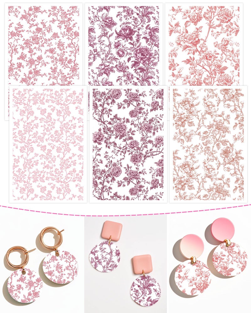 Puocaon Pink Flower Clay Transfer Paper - 18 Pcs Traditional Chinoiserie Art Design Transfer Sheets for Polymer Clay Pink Floral Earrings Design Jewelry Making - Image 1