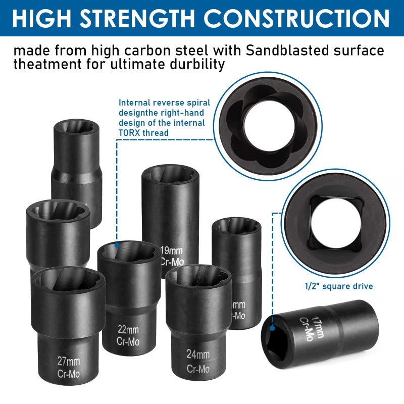 Thinkpro Lug Nut Removal Tool,10 Piece Lug Nut Extractor Set 1/2 Inch Drive, Easy Out Lug Nut remover for Damaged, Frozen, Studs, Rusted, Rounded-Off Bolts & Nuts Screws - Image 3