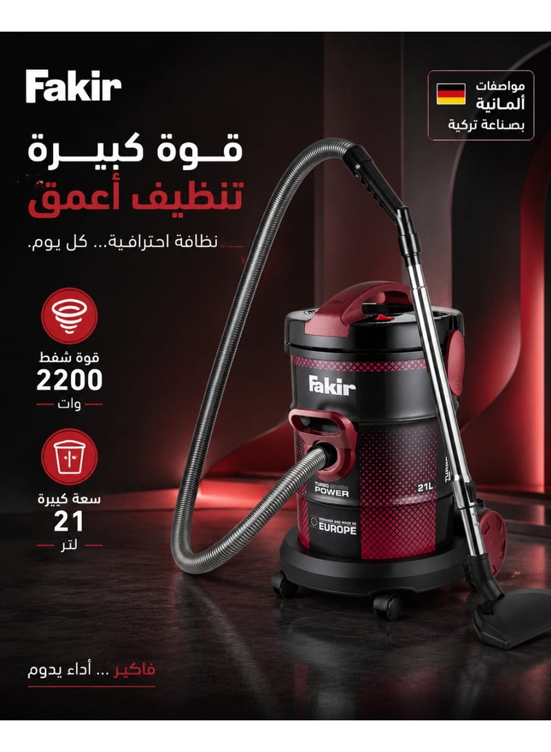 Fakir Turkish 21L Drum Vacuum Cleaner – 2200W High Suction Power – Burgundy – Model 41004622 - Image 1