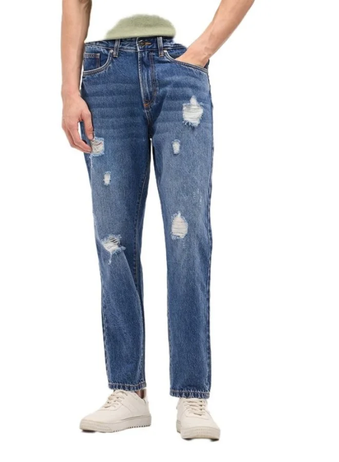 Men's Mid Blue with Light Fade Distressed Mid-Rise Relaxed Fit Jeans Classic Comfort With Modern Style, Perfect For Everyday Casual Looks And Effortless Streetwear Vibes