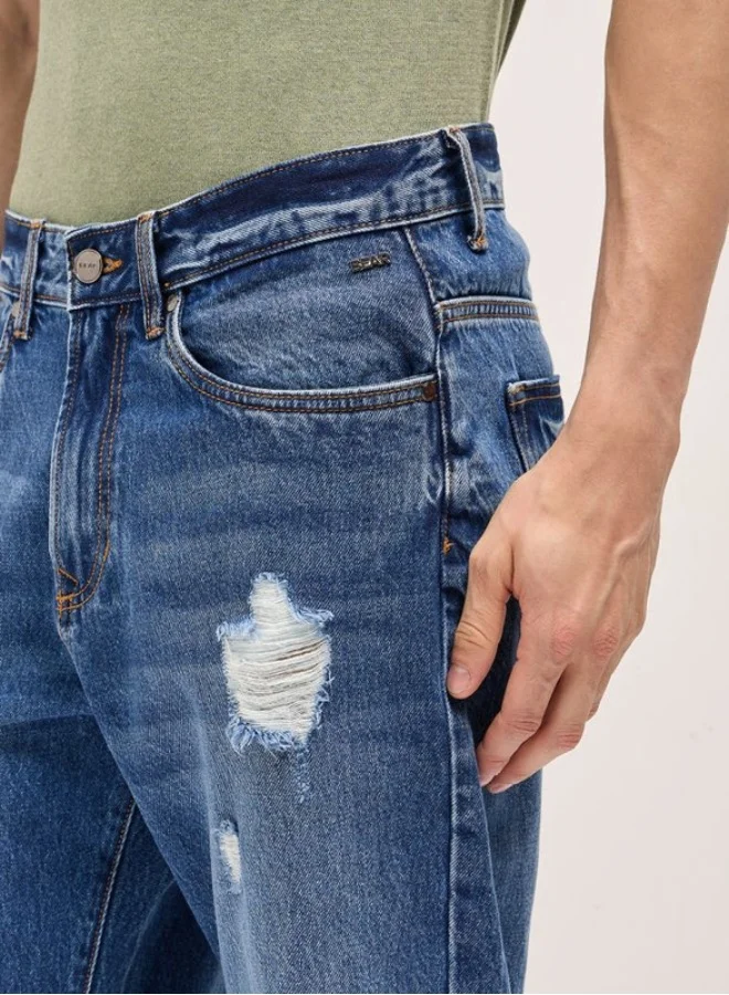 THE BEAR HOUSE  Men's Mid Blue with Light Fade Distressed Mid-Rise Relaxed Fit Jeans Classic Comfort With Modern Style, Perfect For Everyday Casual Looks And Effortless Streetwear Vibes for Men | Best Price UAE