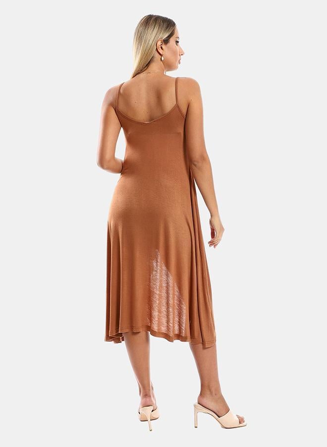 kady Jamila Women Spaghetti Sleeves Wide Round Collar Dresswomen ,camel-XXL - Image 3